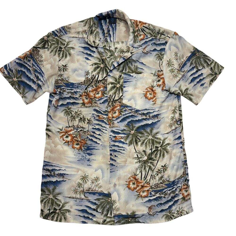 FC Hawaiian Shirt Mens Medium Multi Palm Print Surfer Beach Short Sleeve Aloha